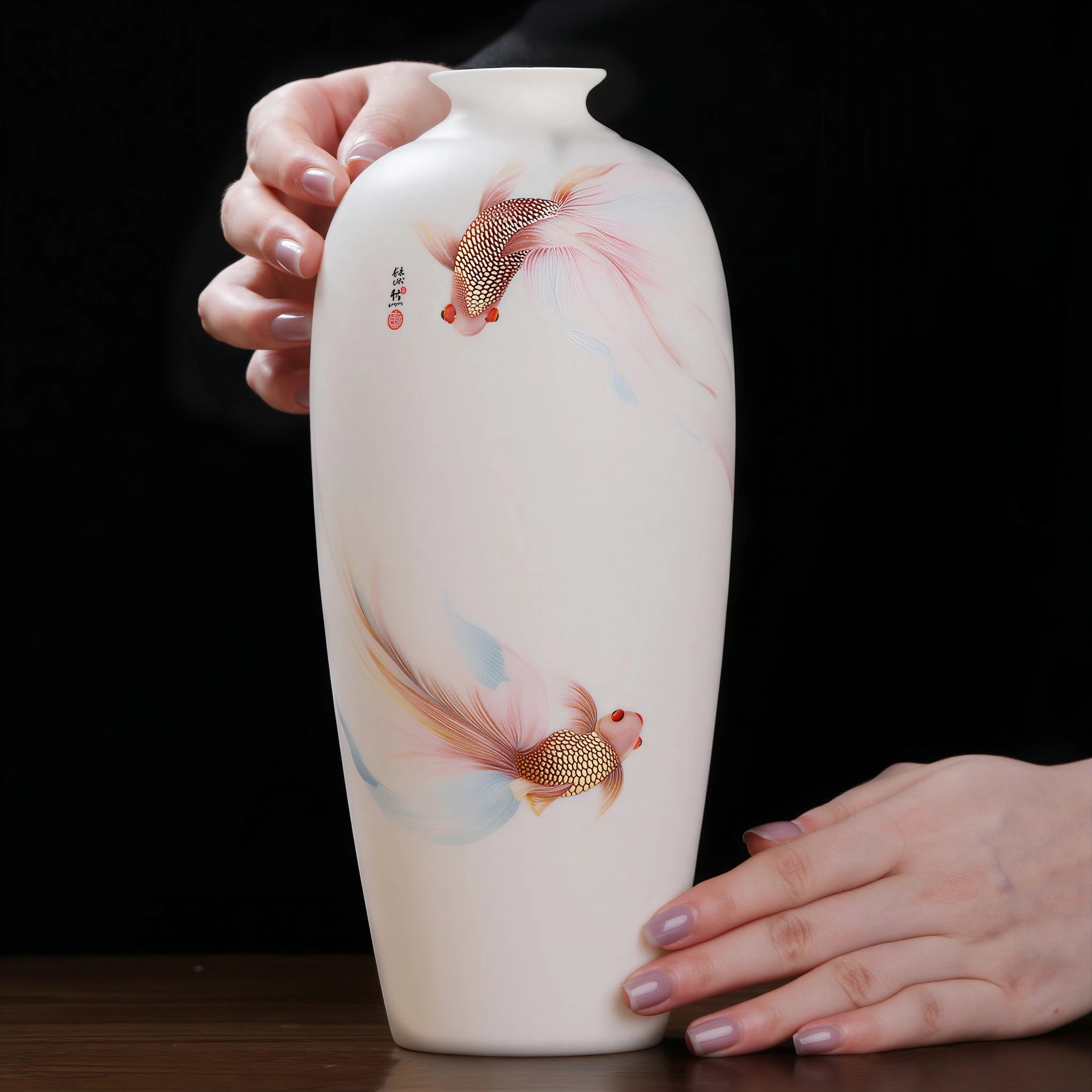 Goldfish Meiping vase held between two hands to show its cabinet-scale proportions