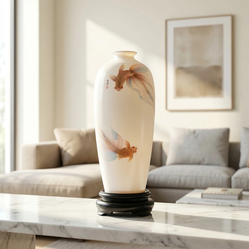 Goldfish Meiping vase on its dark wooden stand on a marble table in a light living room
