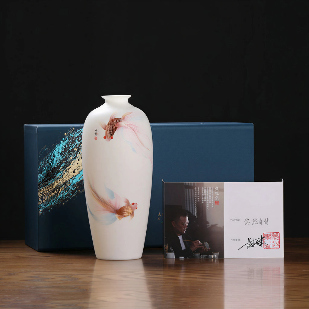 Goldfish Meiping vase beside its blue presentation box and accompanying product certificate