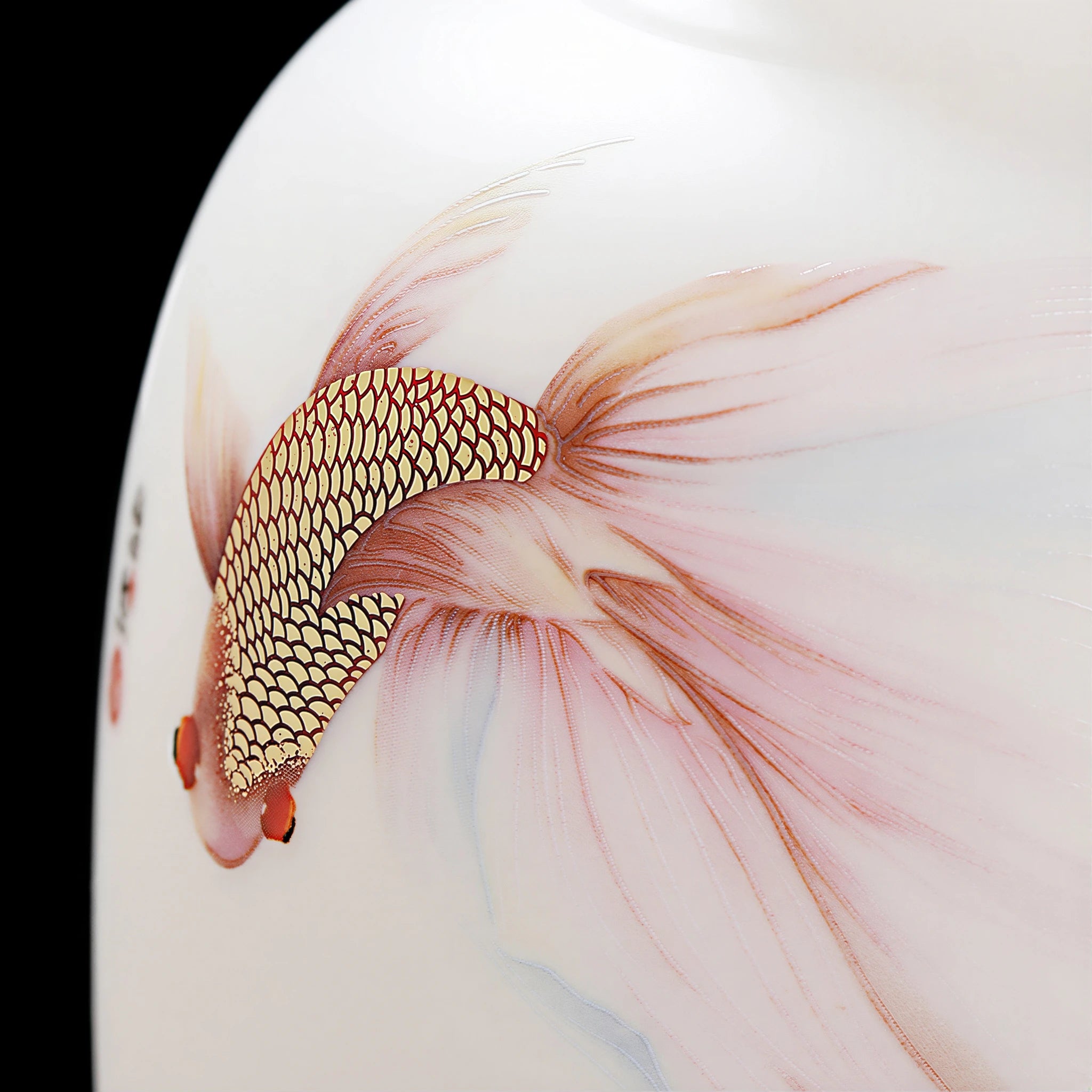 Close view of a long-finned goldfish with raised gold-toned scale details