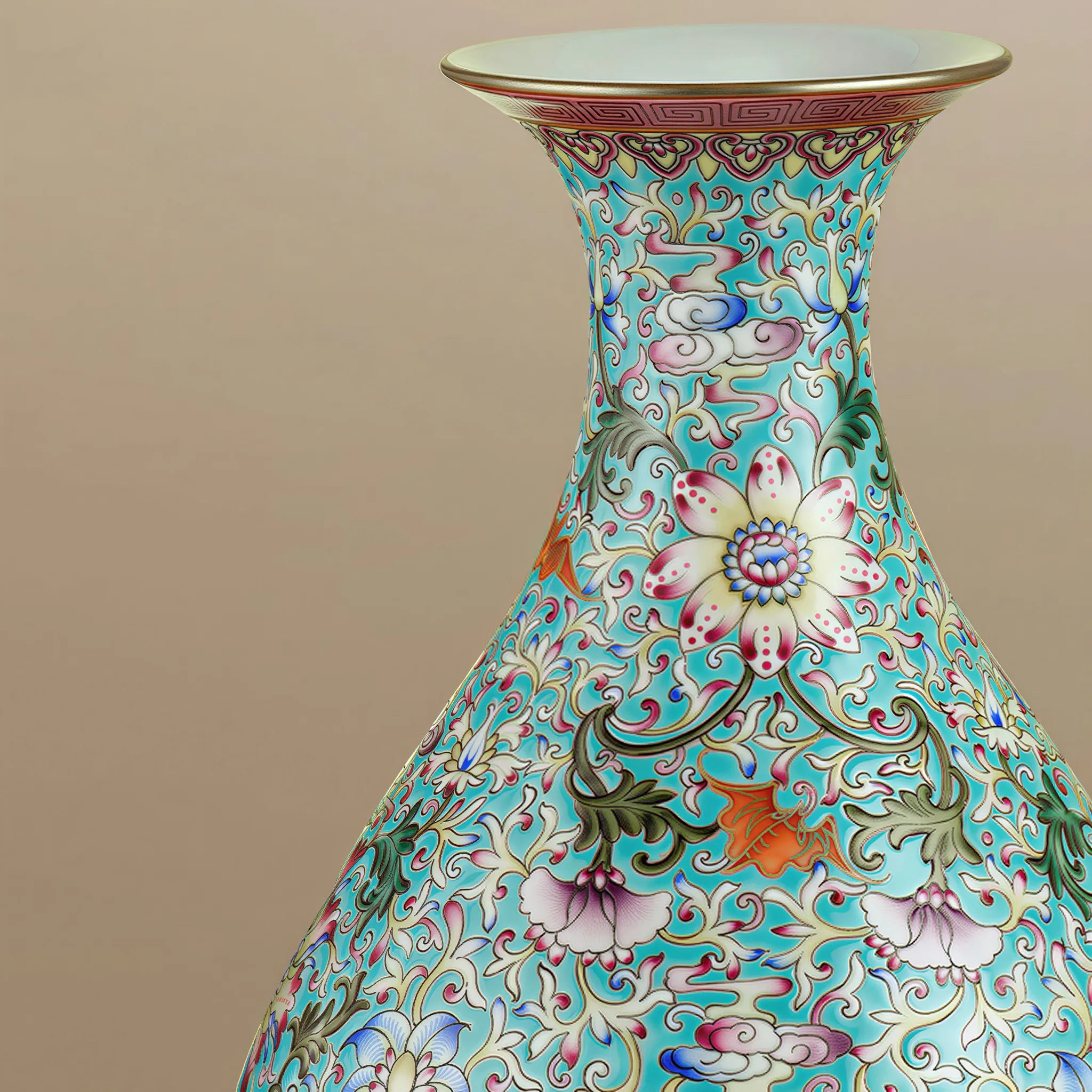 Neck and border detail on the green-ground Yuhuchun vase