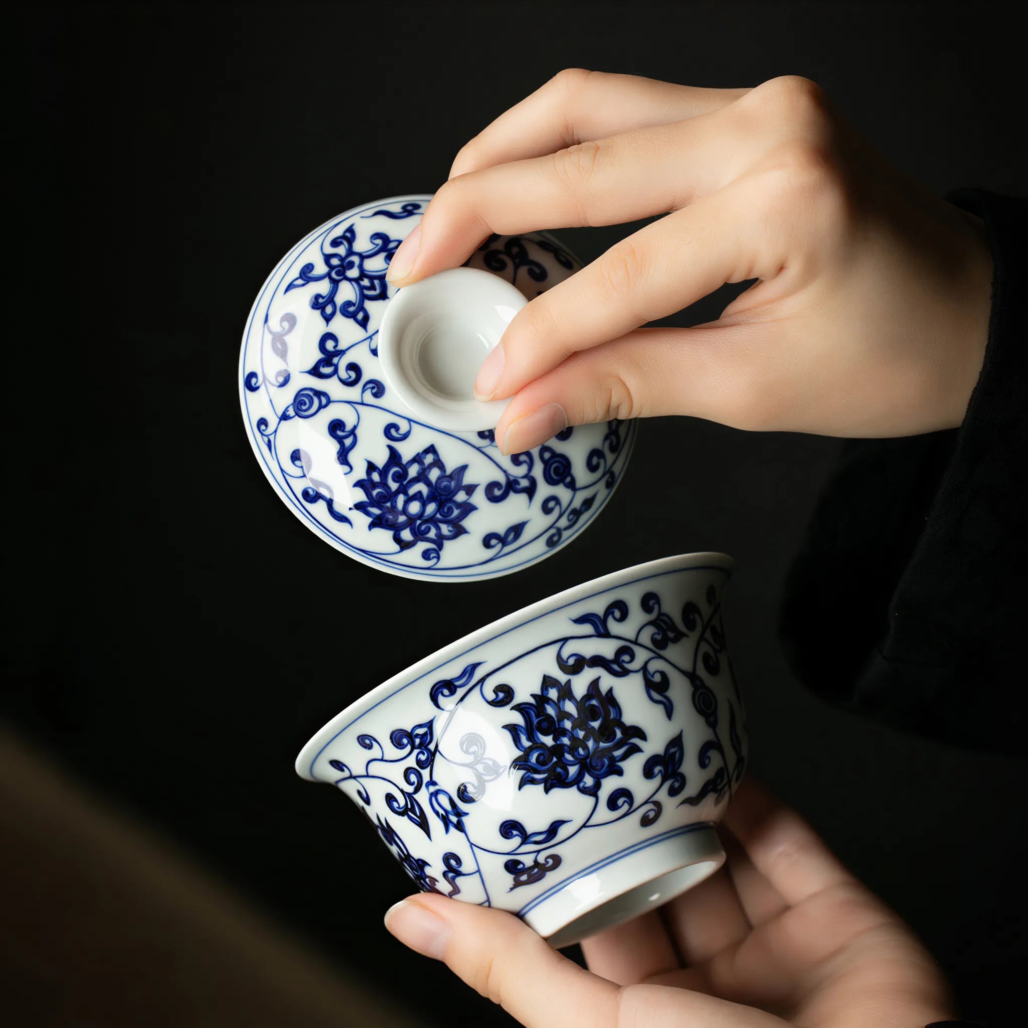 Hand-painted cobalt scrolling lotus on the gaiwan