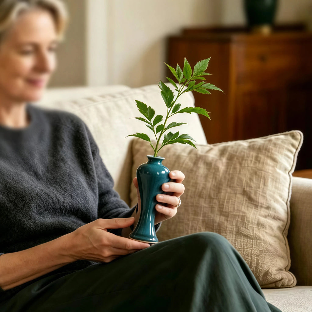 Peacock green mini porcelain vase held by hand with a small cutting