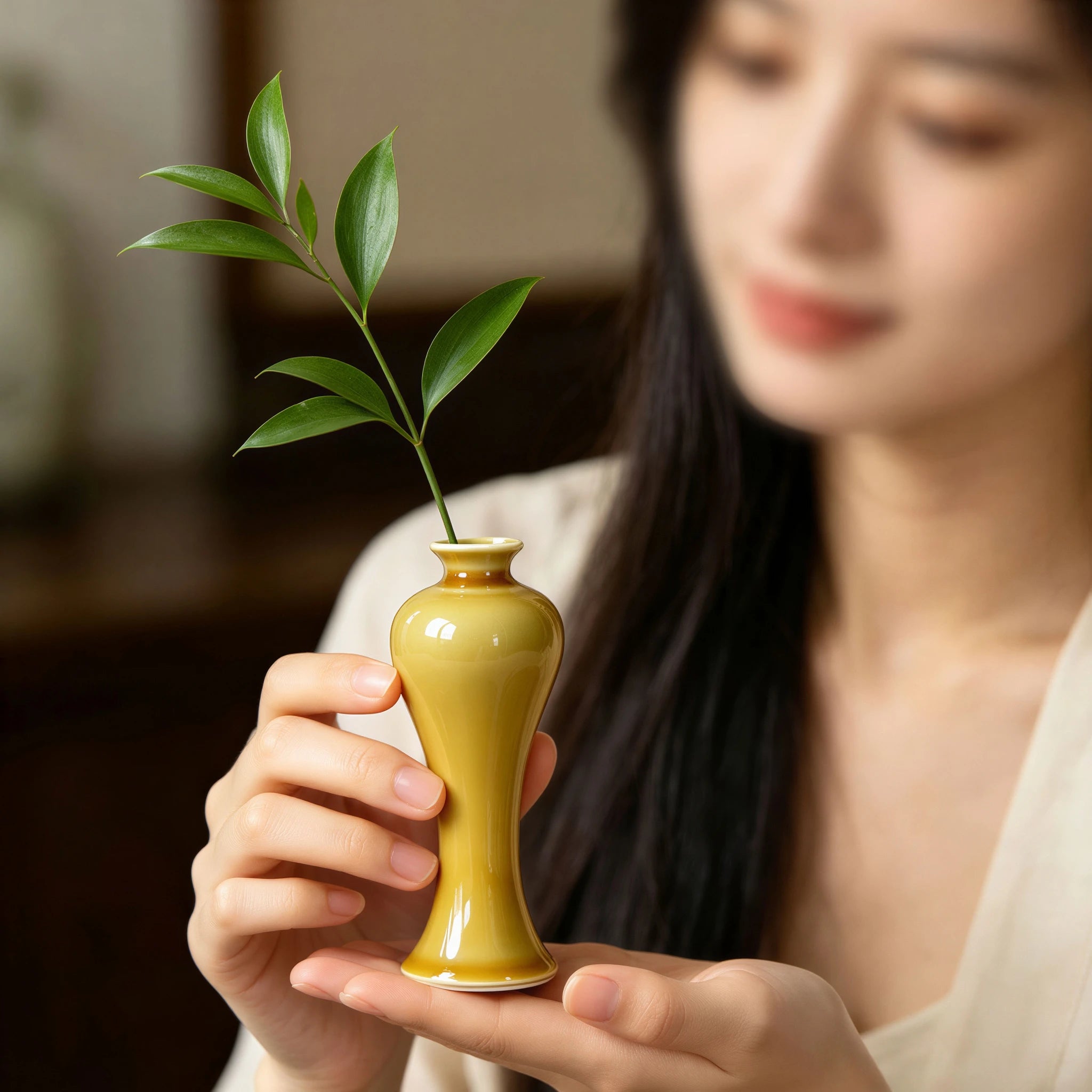 Small luminous yellow porcelain vase held in hand to show tabletop scale