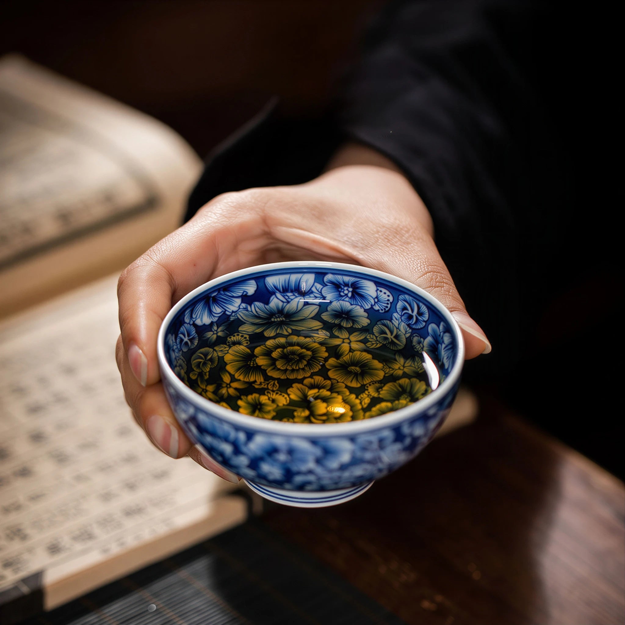 Blue-and-white millefleurs teacup held with tea