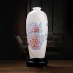 Full hydrangea Meiping vase on its wooden stand against a dark interior background