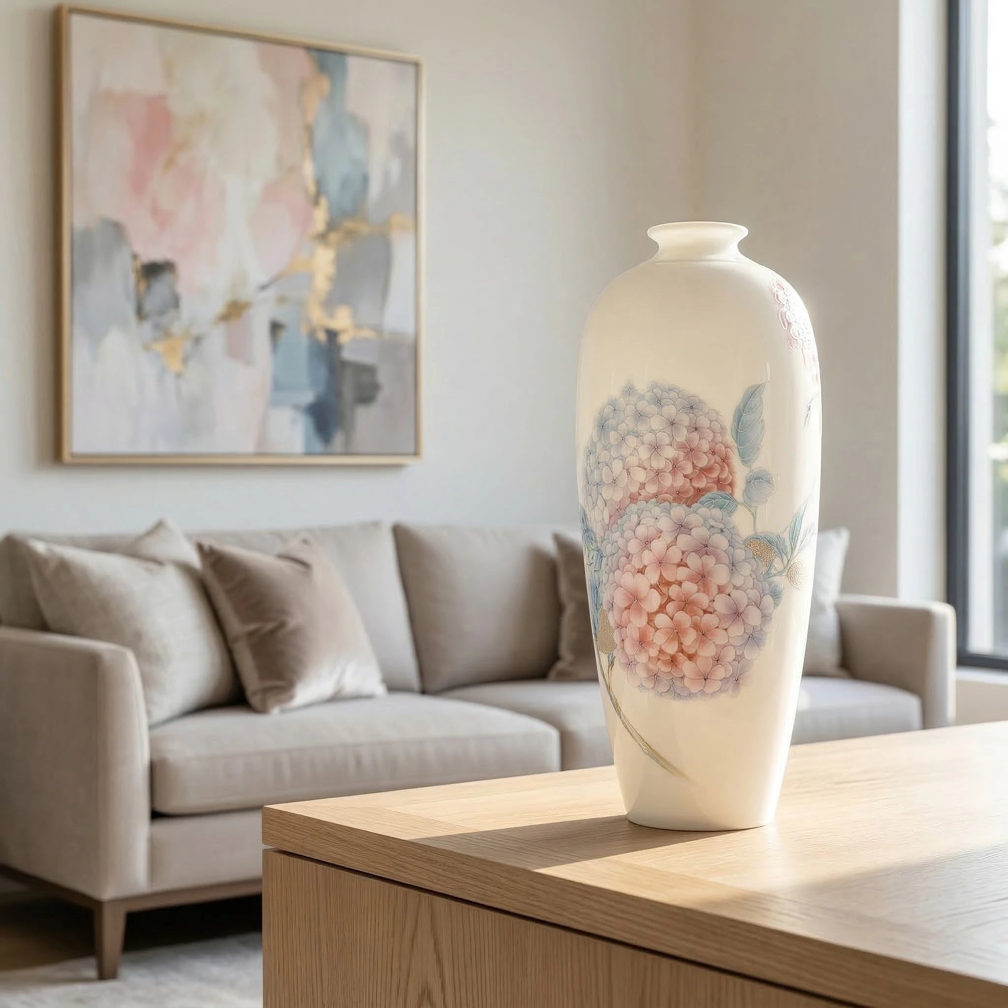 Hydrangea Meiping vase displayed on a light wood table in a contemporary living room