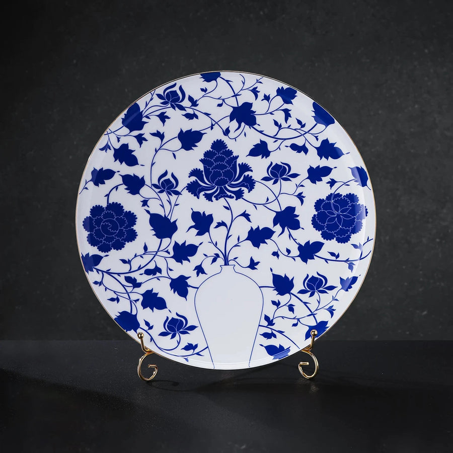 Front view of the round Jingdezhen porcelain display plate with blue peony scrolls