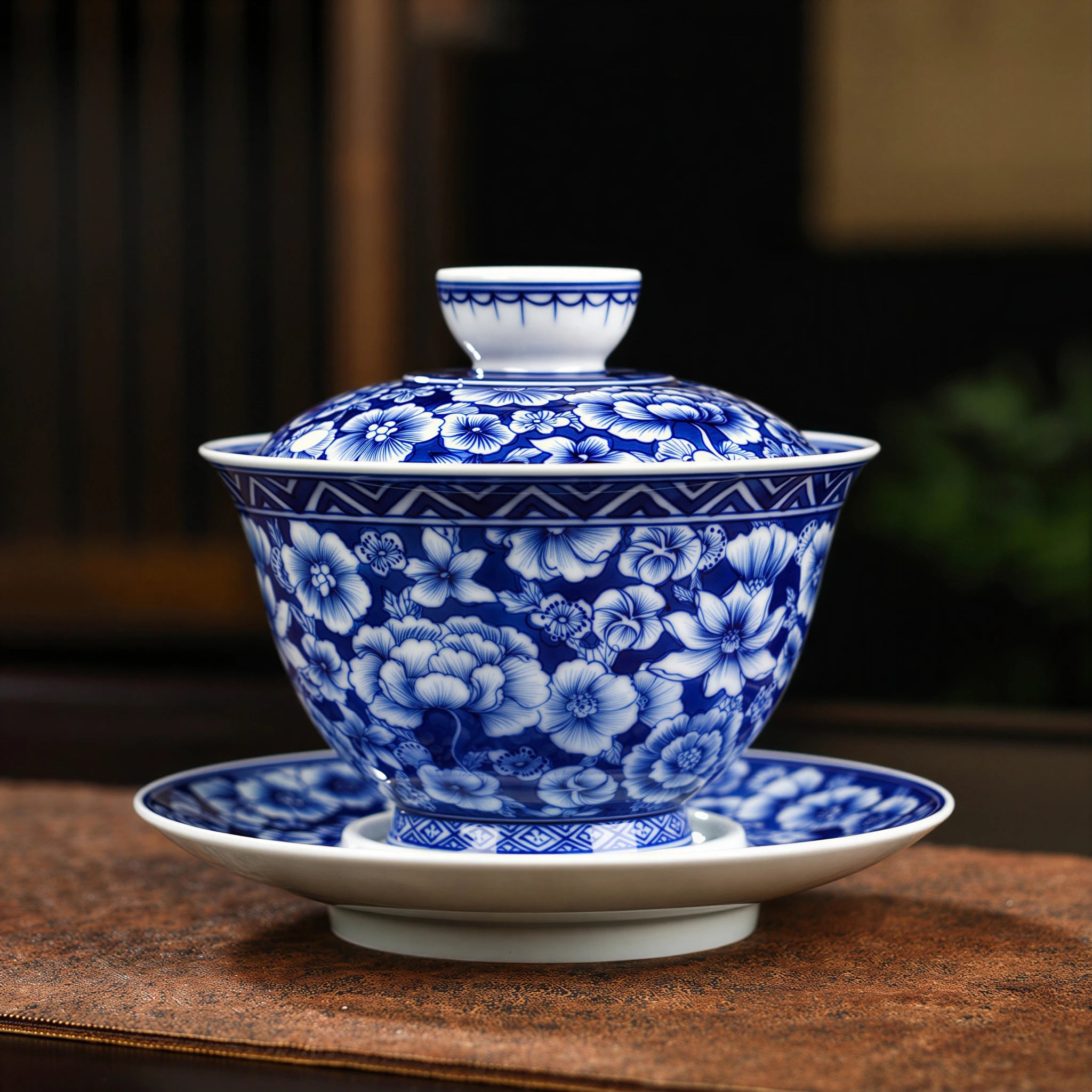 Complete blue-and-white millefleurs gaiwan with lid and saucer