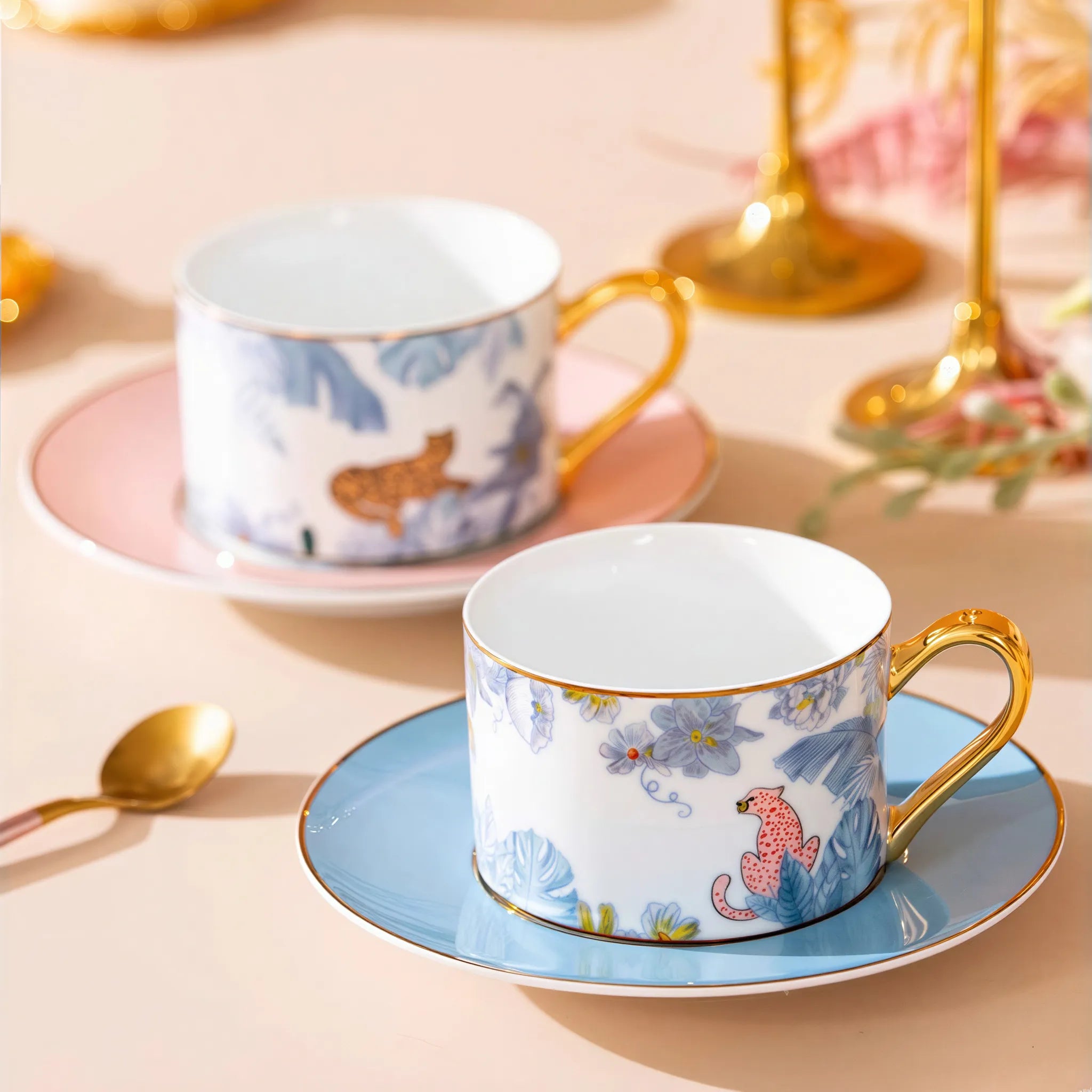 Pair of Jingdezhen botanical leopard porcelain coffee cups and saucers