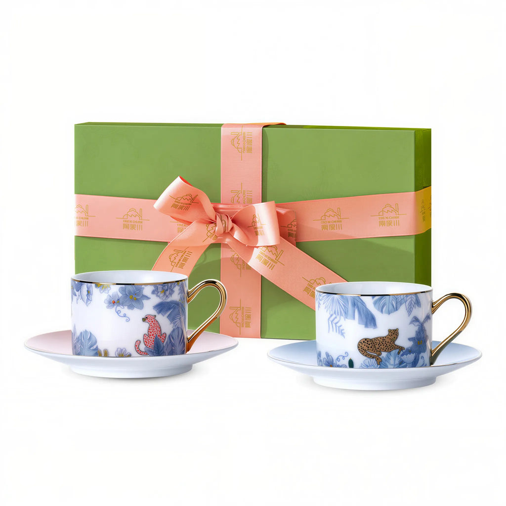 Jingdezhen botanical leopard coffee set in its presentation box