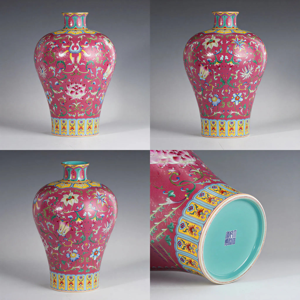 Multiple views of the Qianlong-style carmine graviata meiping