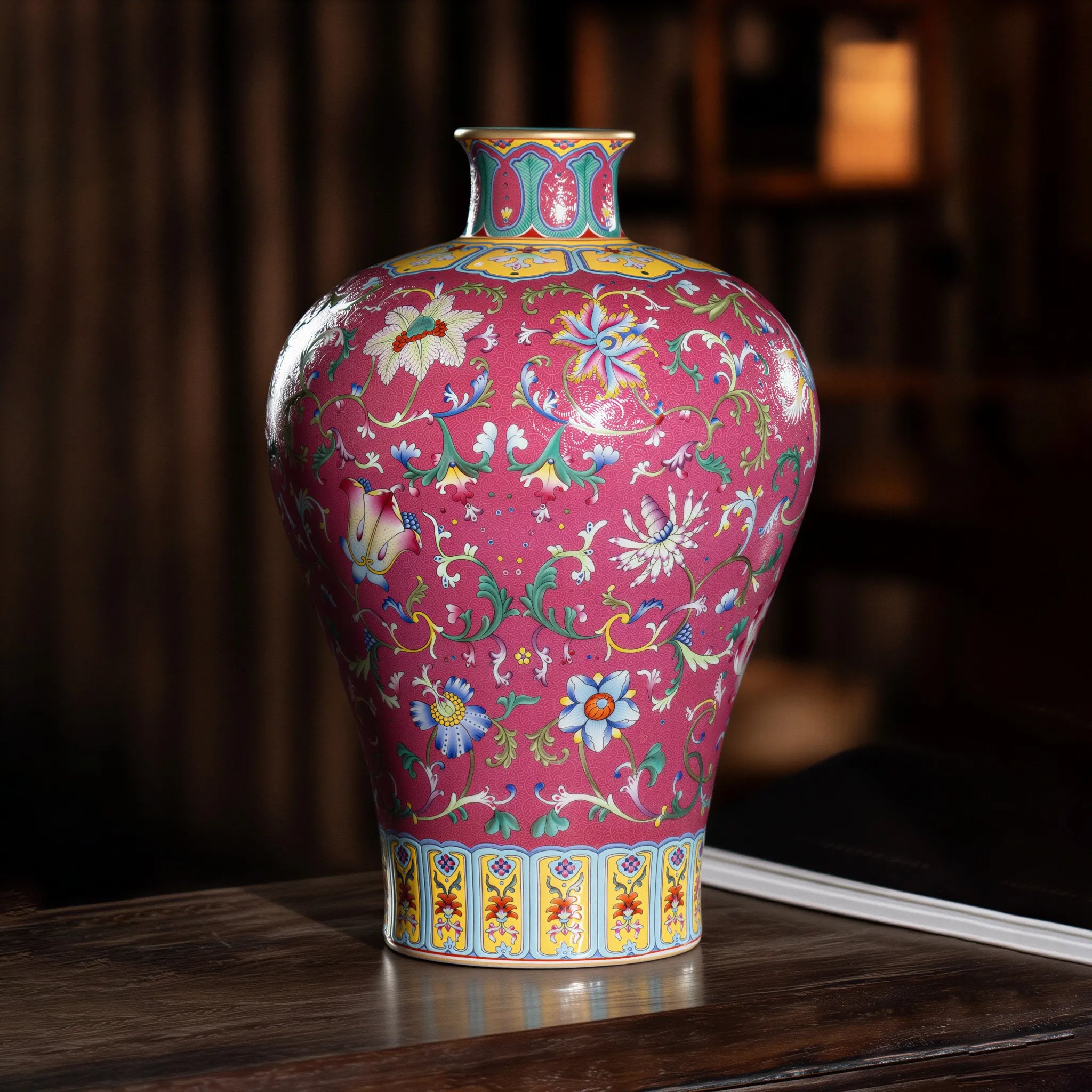 Front view of the Jingdezhen famille rose carmine-ground meiping