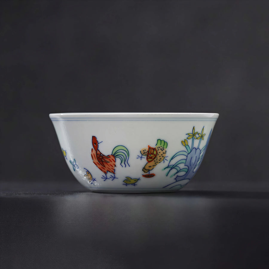 Side view of a Chenghua-style doucai chicken cup with gently flared sides
