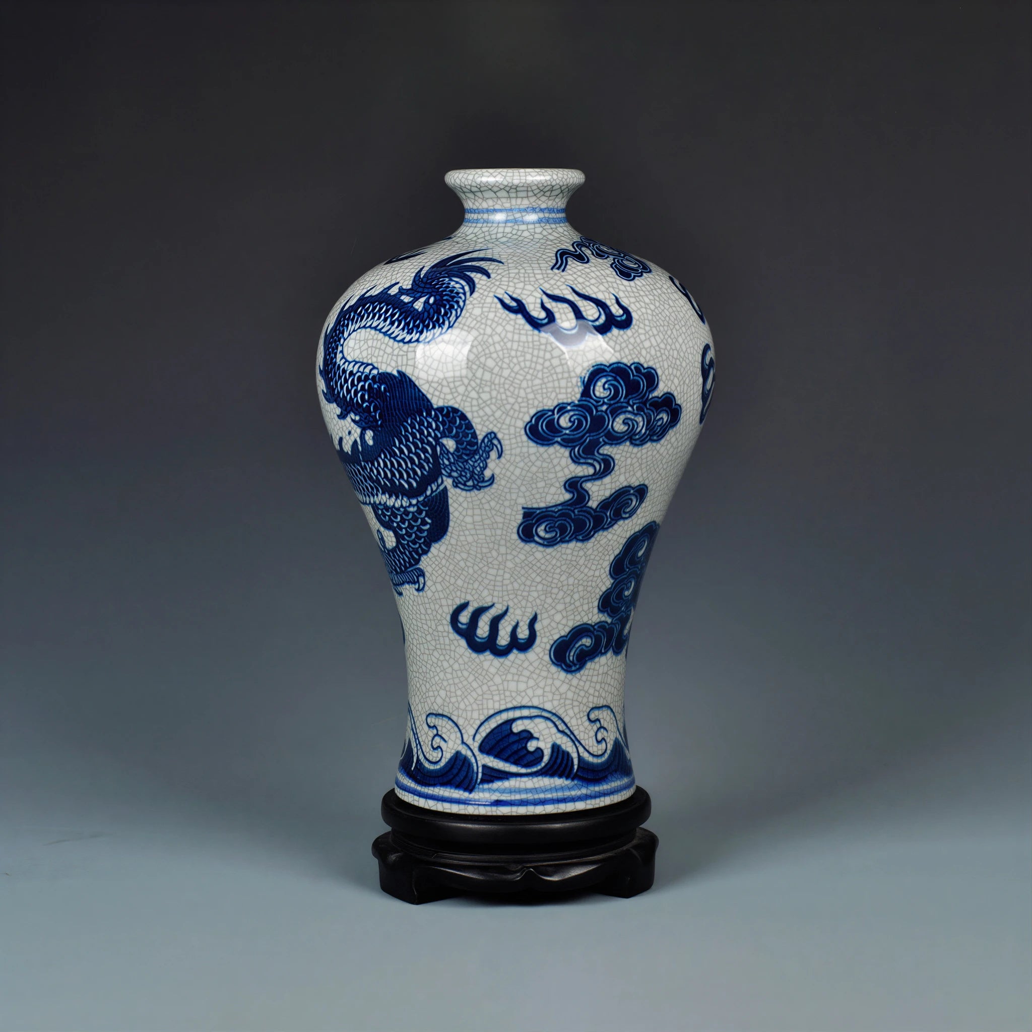 Front view of a Jingdezhen Meiping vase with cobalt-blue dragon decoration and crackle glaze