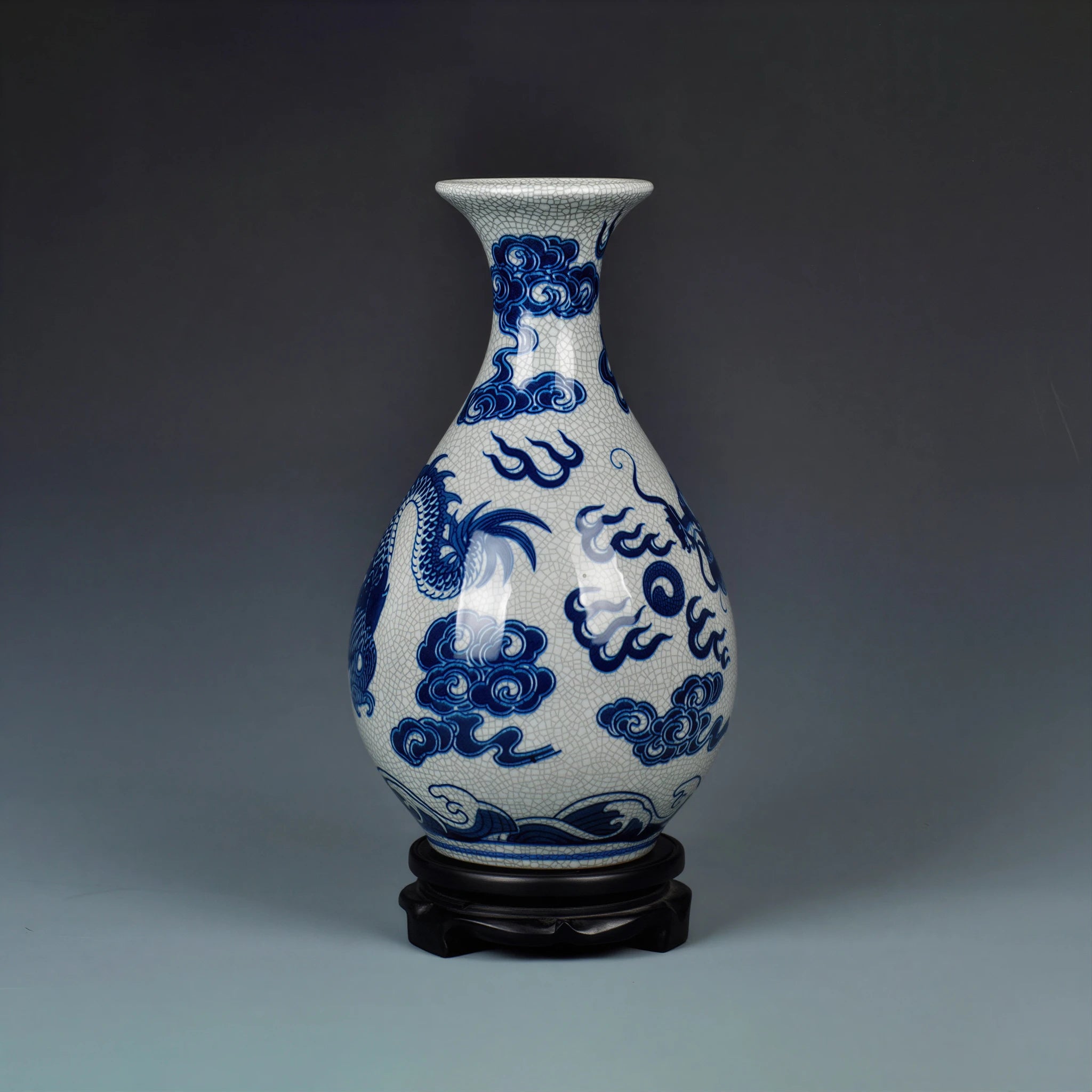 Front view of a Jingdezhen Yuhuchun vase with cobalt-blue dragon decoration and crackle glaze