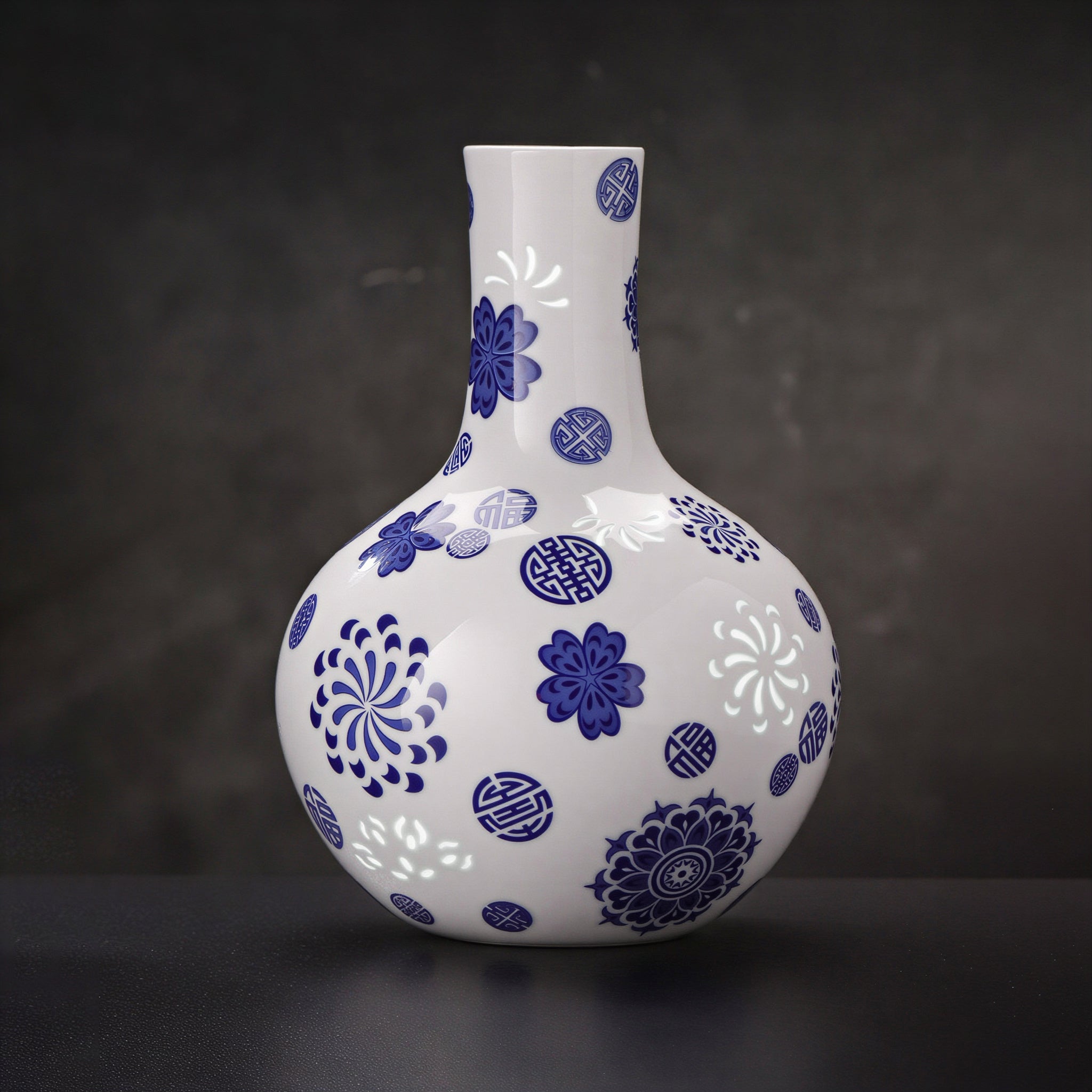 Front view of a Jingdezhen Tianqiu vase with cobalt floral medallions and white linglong windows