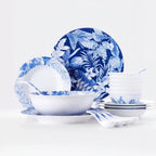 Complete Jingdezhen Deep Forest porcelain dinnerware set with plates, bowls, serving pieces, and spoons.