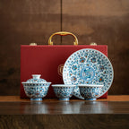 Doucai-inspired lotus tea set for two with red presentation box