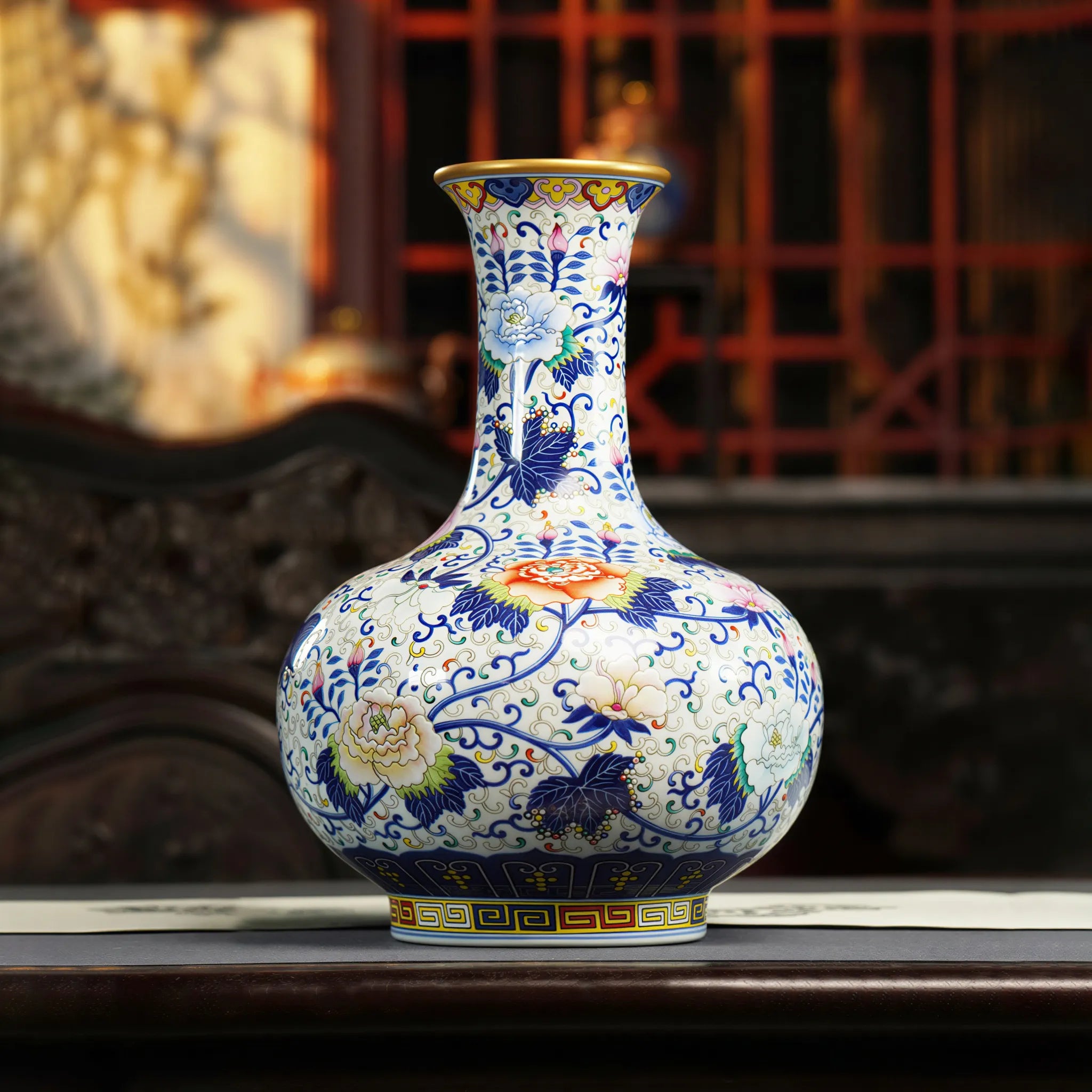 Front view of the Jingdezhen doucai peony and lotus Shangping vase