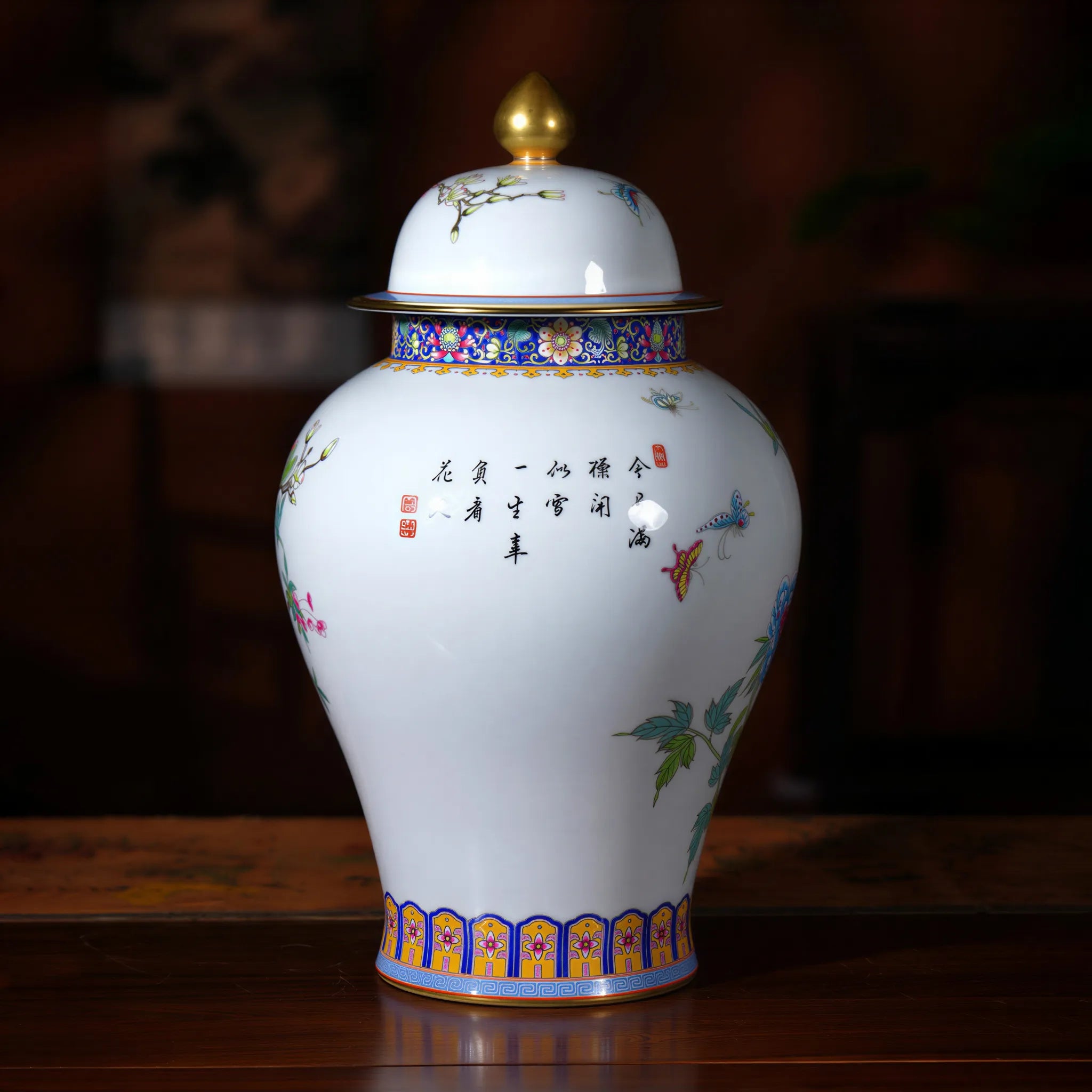 Reverse view of the enamelled peony baluster jar with cover