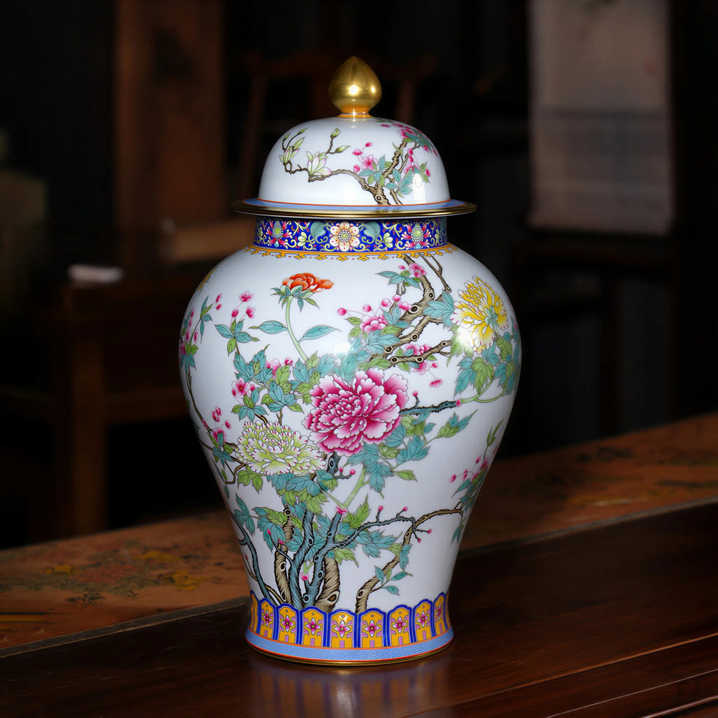 Front view of the Jingdezhen falangcai-style peony baluster jar with cover