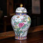 Front view of the Jingdezhen falangcai-style peony baluster jar with cover