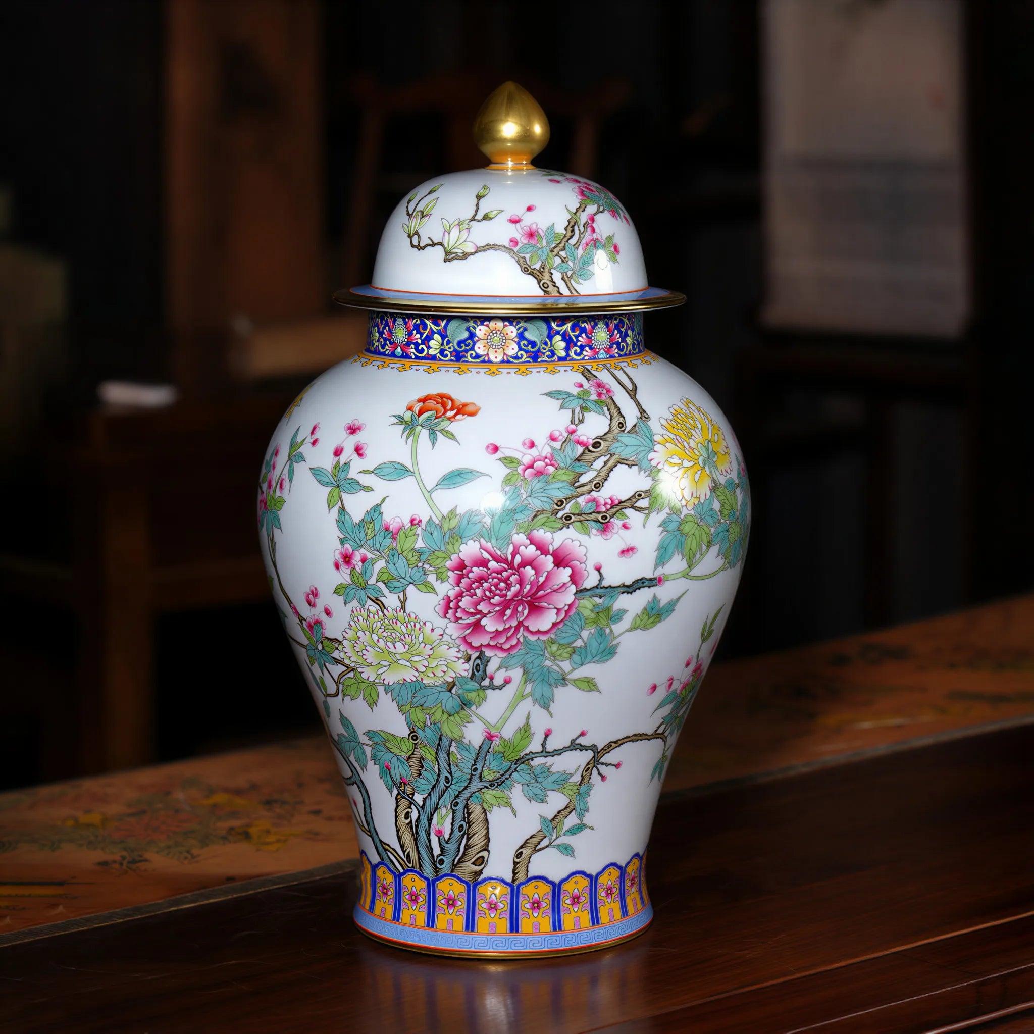 Front view of the Jingdezhen falangcai-style peony baluster jar with cover