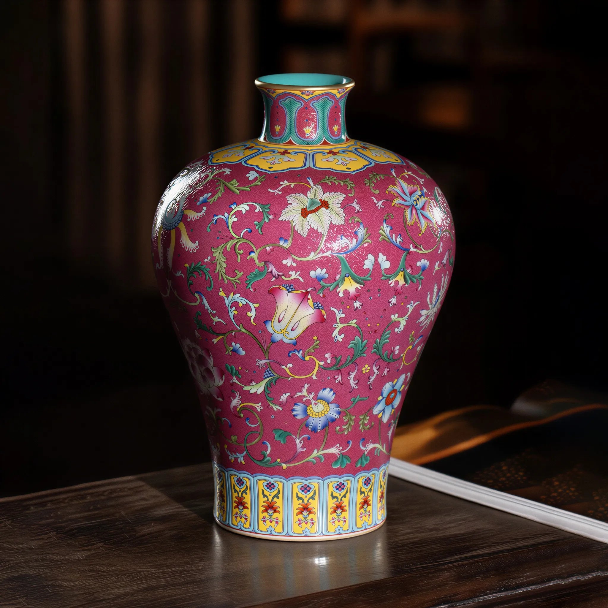 Famille rose graviata meiping displayed in studio light