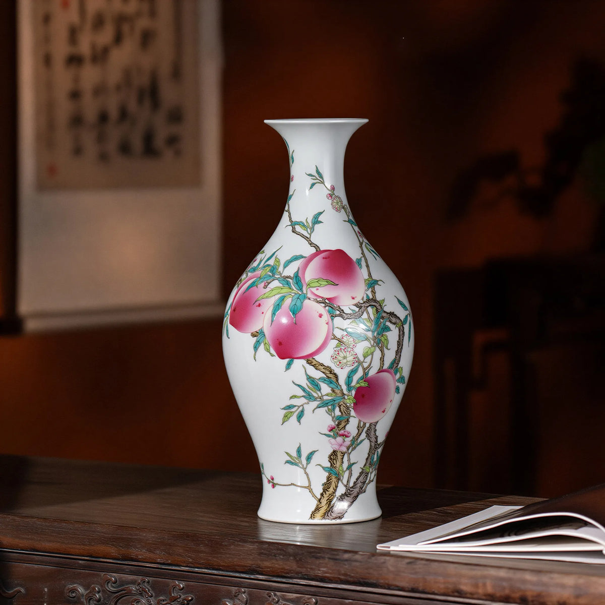 Jingdezhen famille rose olive vase displayed in an interior