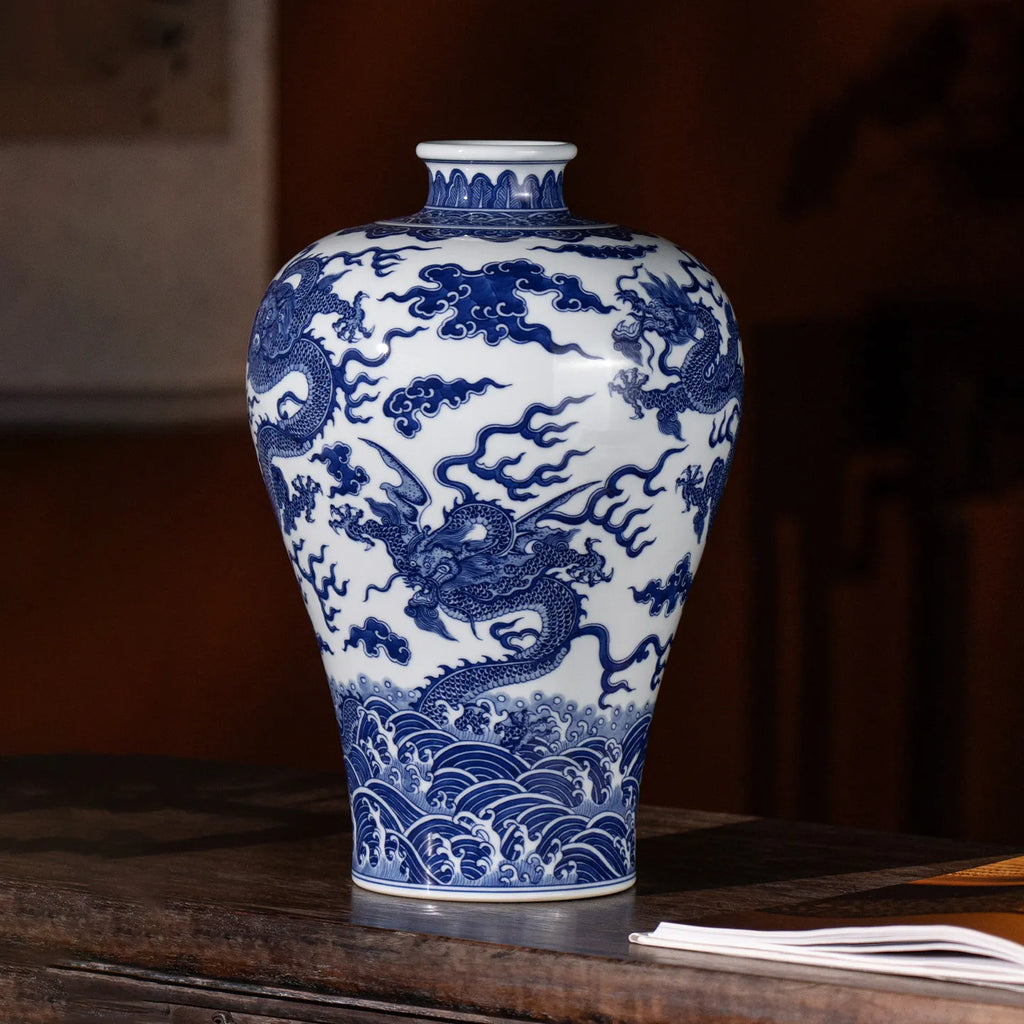 Front view of the Jingdezhen blue-and-white five-dragon meiping