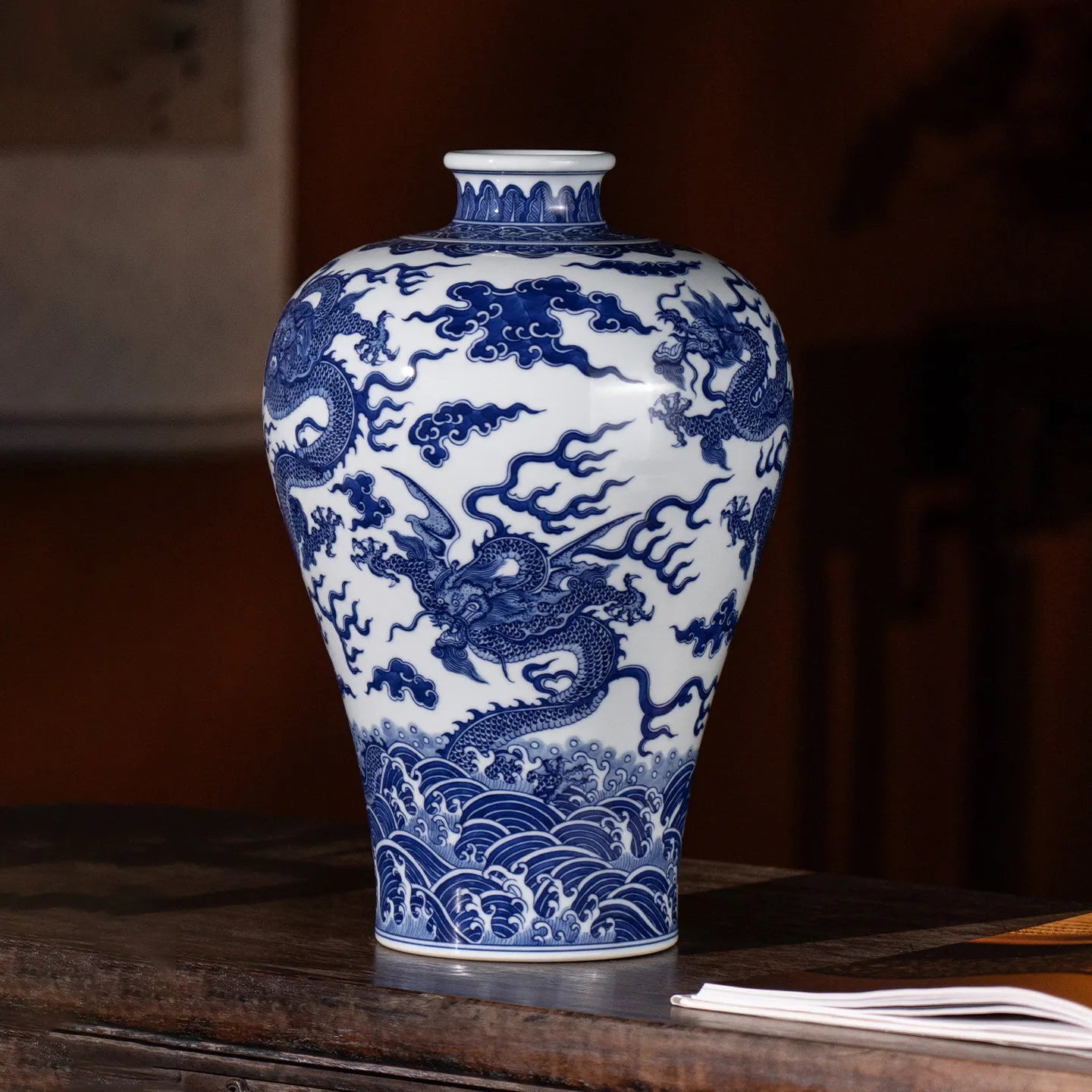 Front view of the Jingdezhen blue-and-white five-dragon meiping