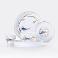 Five-piece Jingdezhen Forest Rest porcelain tableware set with a blue cat and gold branch decoration on a white background.