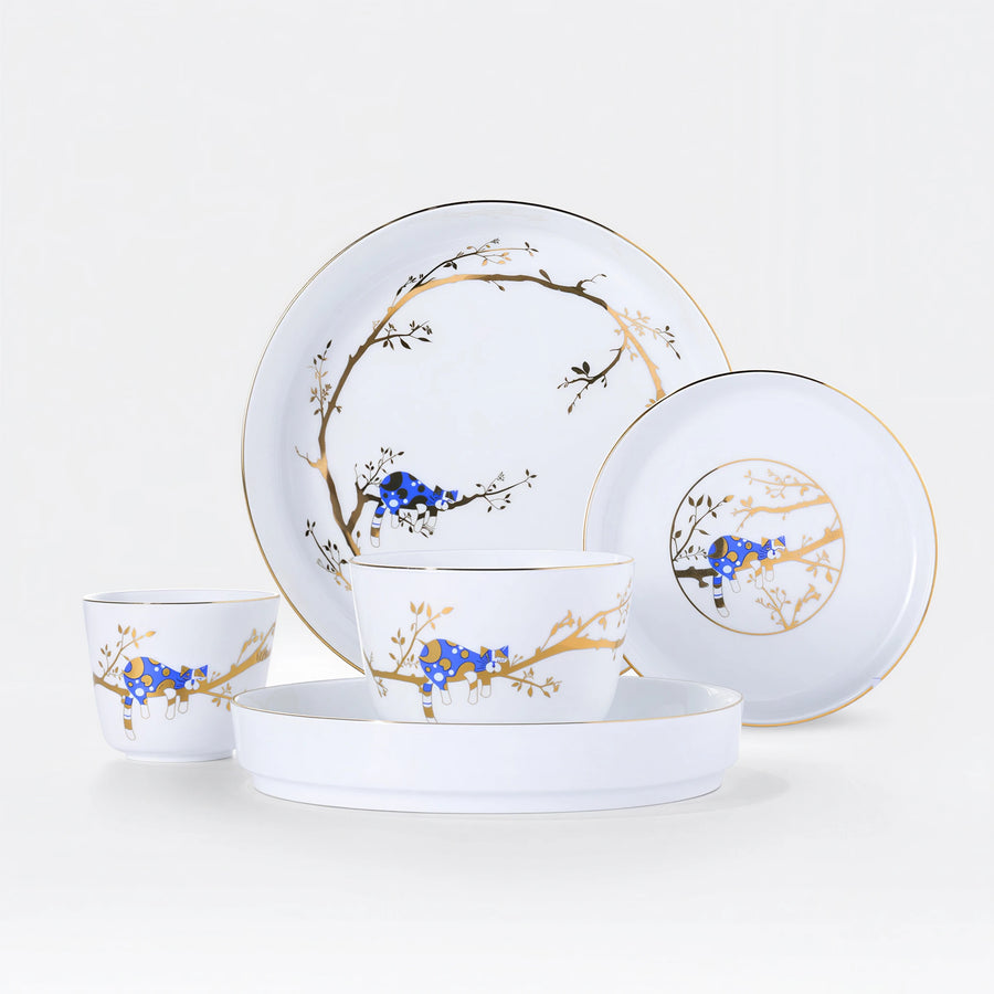 Five-piece Forest Rest porcelain set with a blue cat and gold-toned branches
