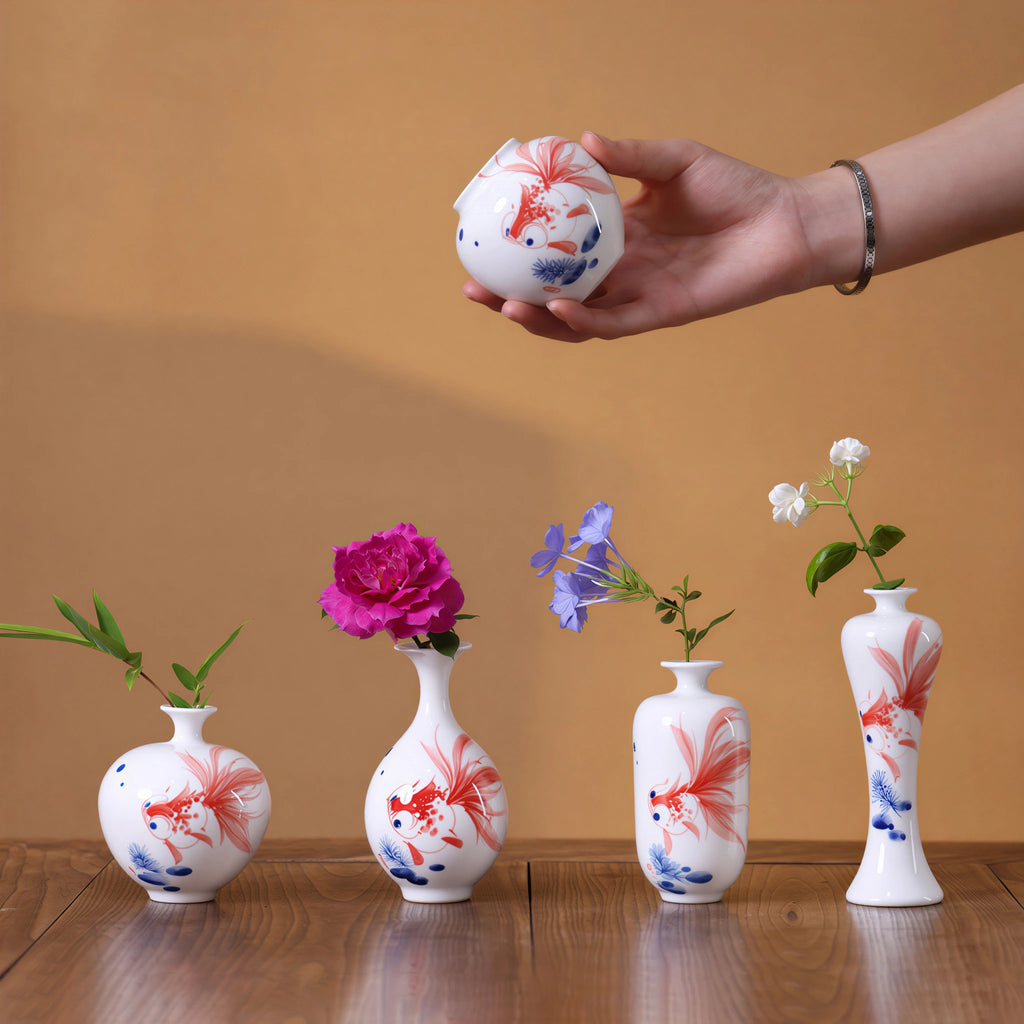 Jingdezhen hand-painted goldfish miniature porcelain vase set on a wooden table