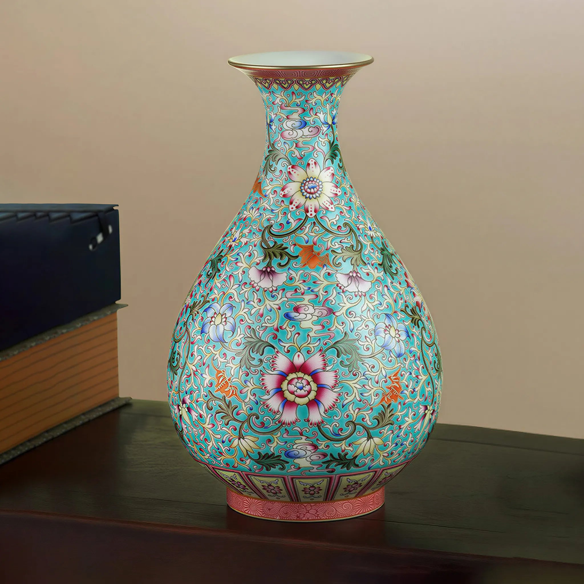 Front view of the green-ground famille rose Yuhuchun vase