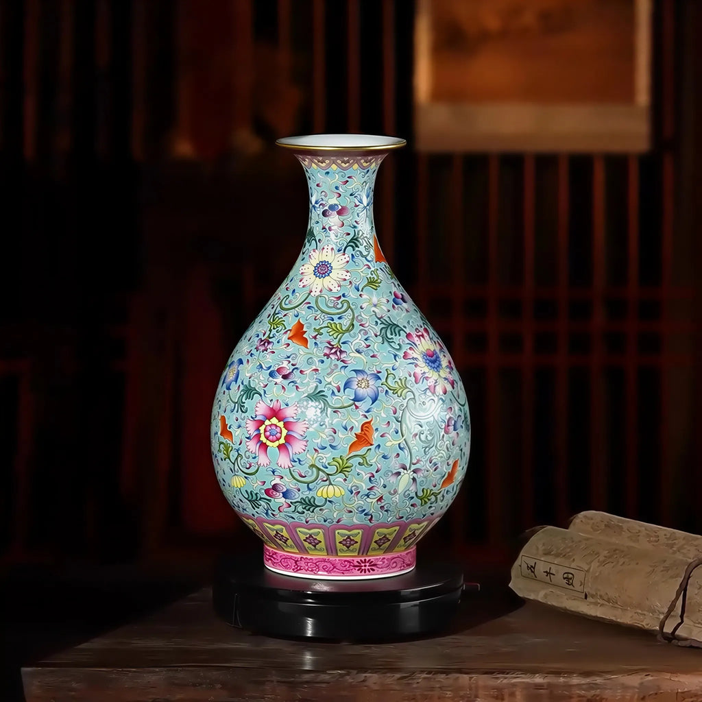 Green-ground famille rose Yuhuchun vase in an interior