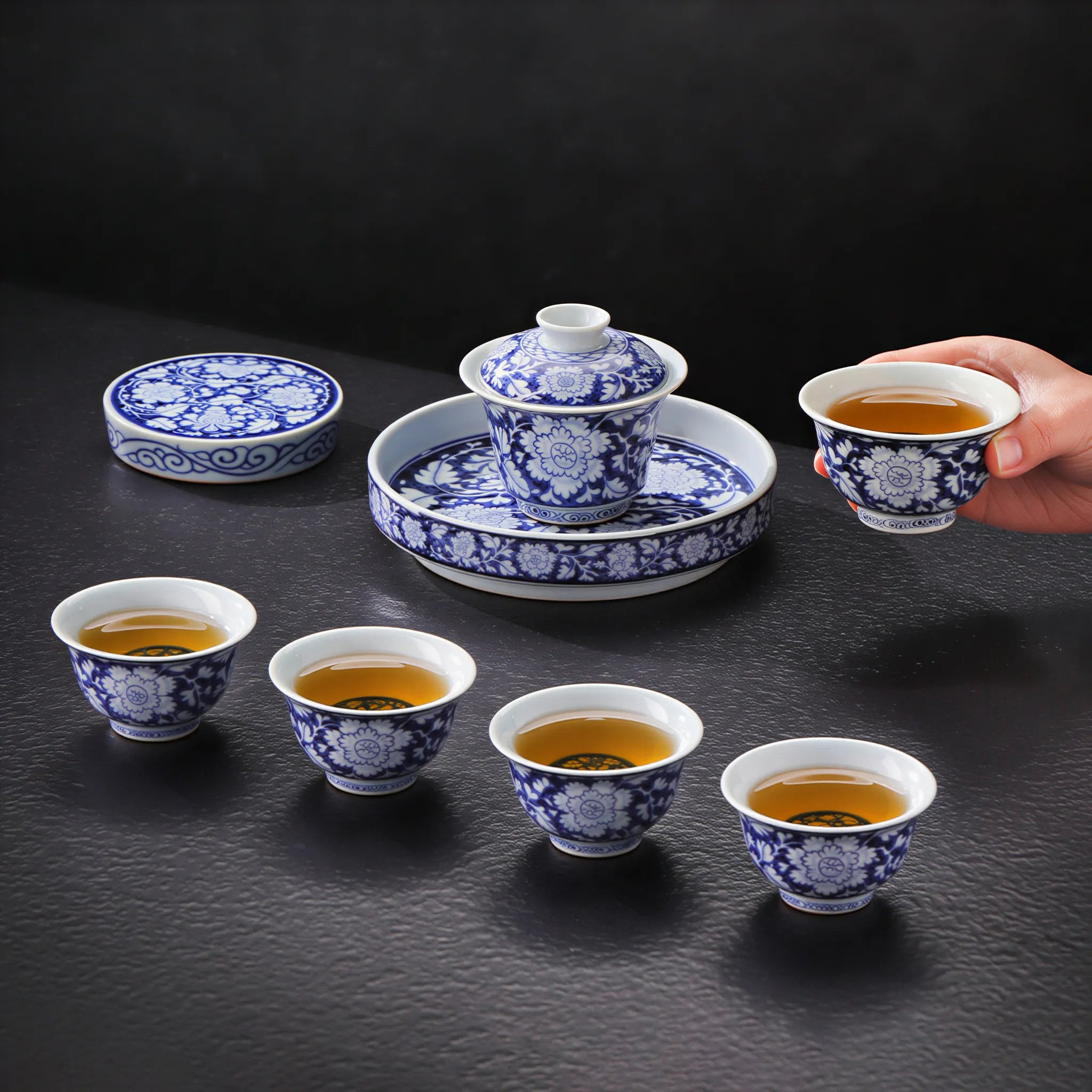 Complete Jingdezhen in-glaze peony gongfu tea set