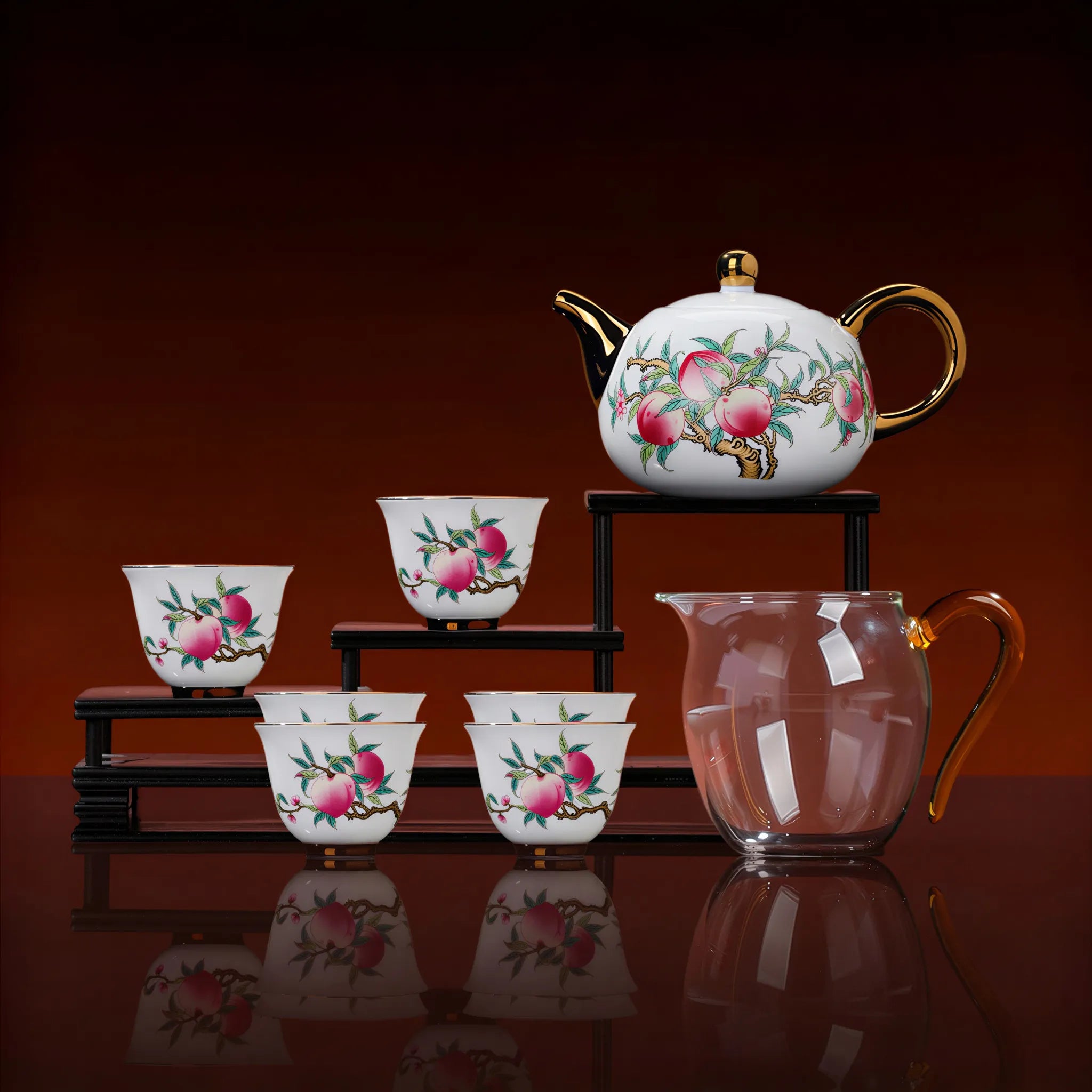Jingdezhen famille rose Nine Peaches and Five Bats tea set