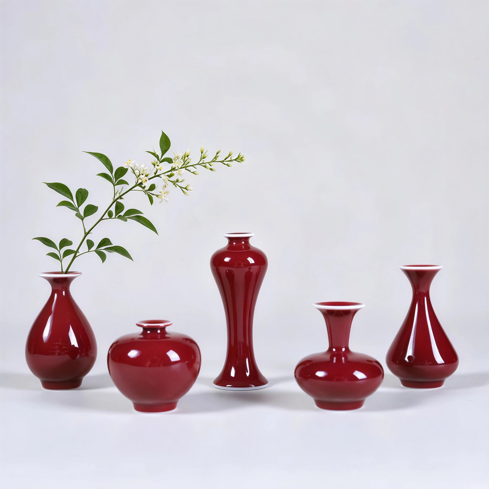 Five small oxblood red Jingdezhen mini porcelain vases arranged as a set