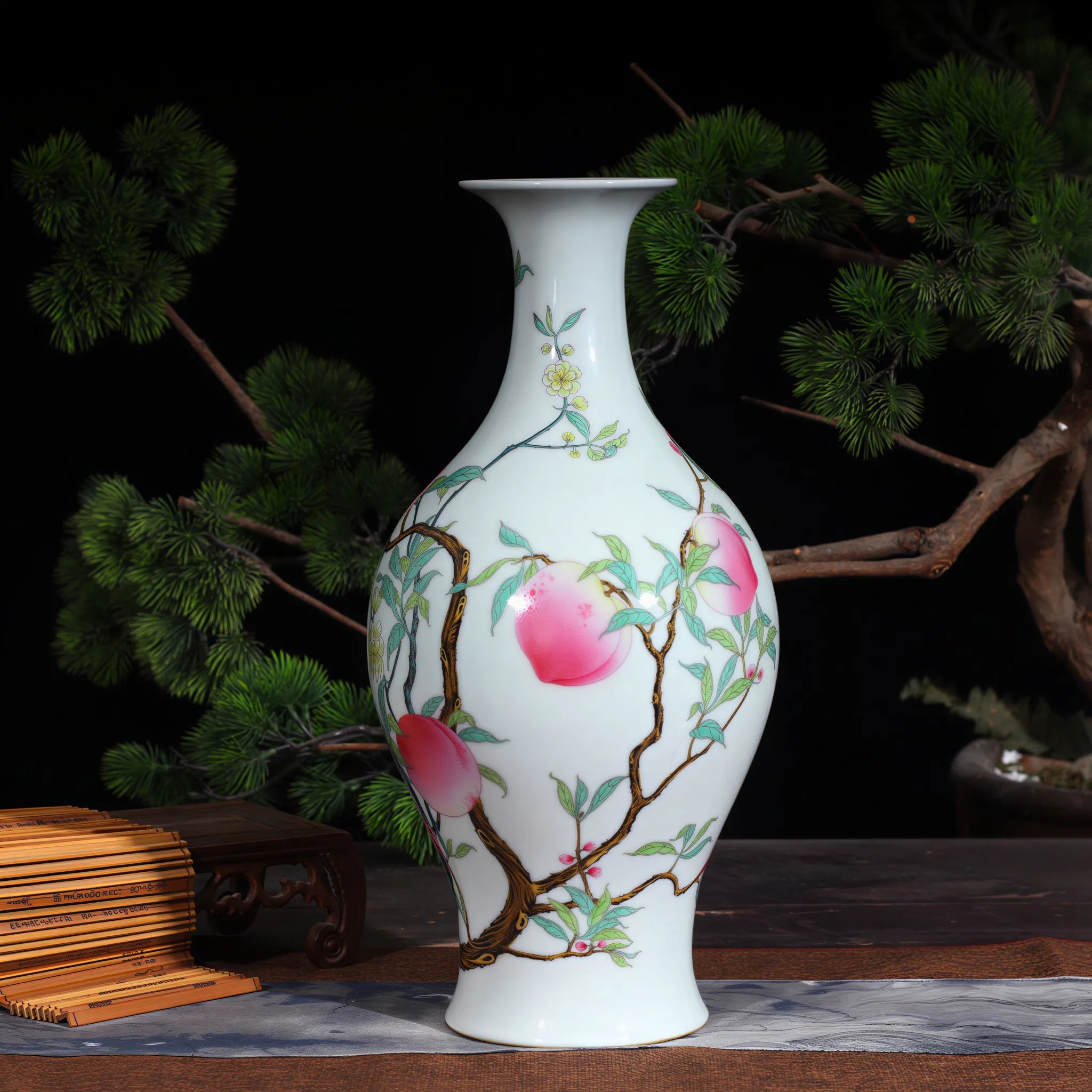 Famille rose peach and bat olive vase beside a bonsai