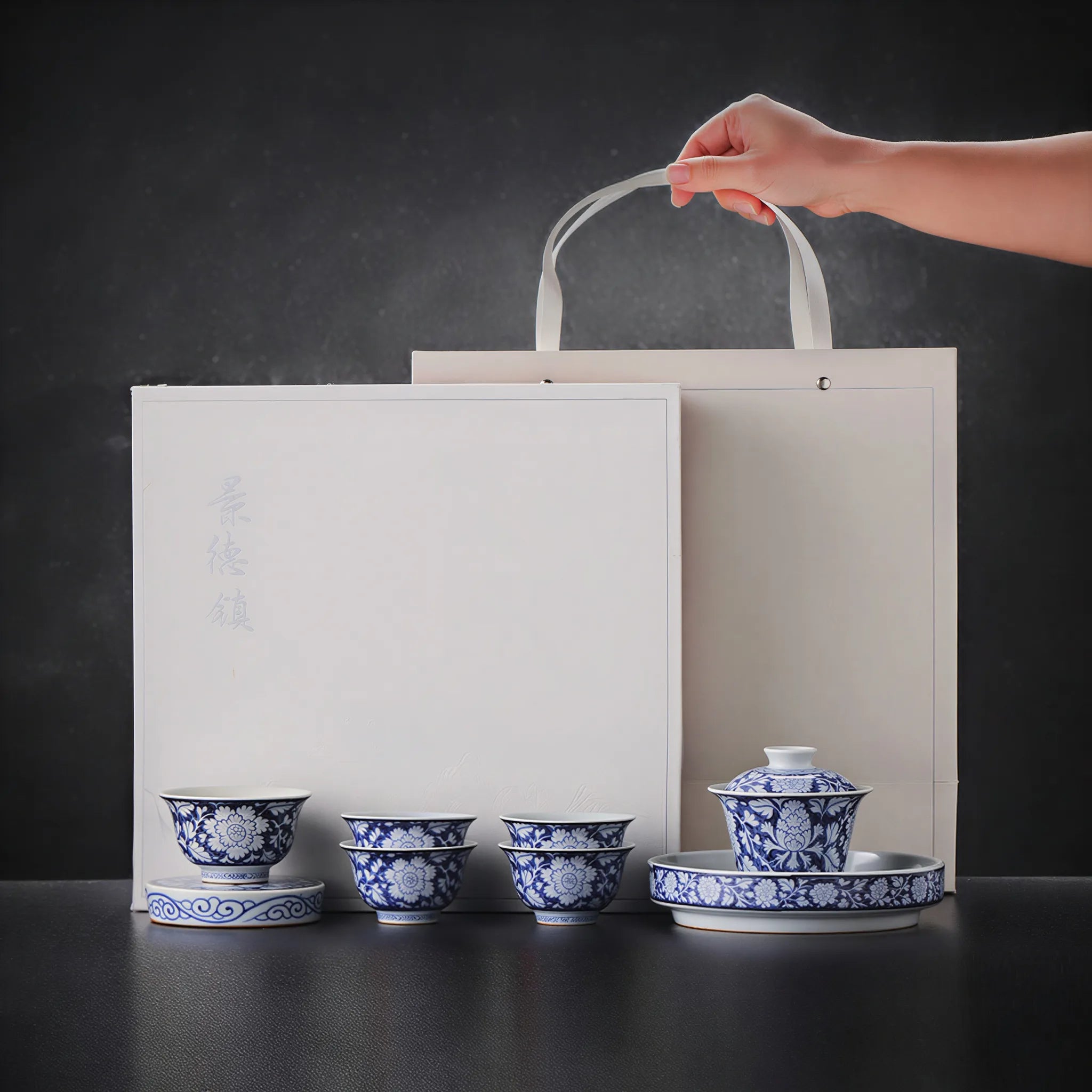 In-glaze peony gongfu tea set in its presentation box