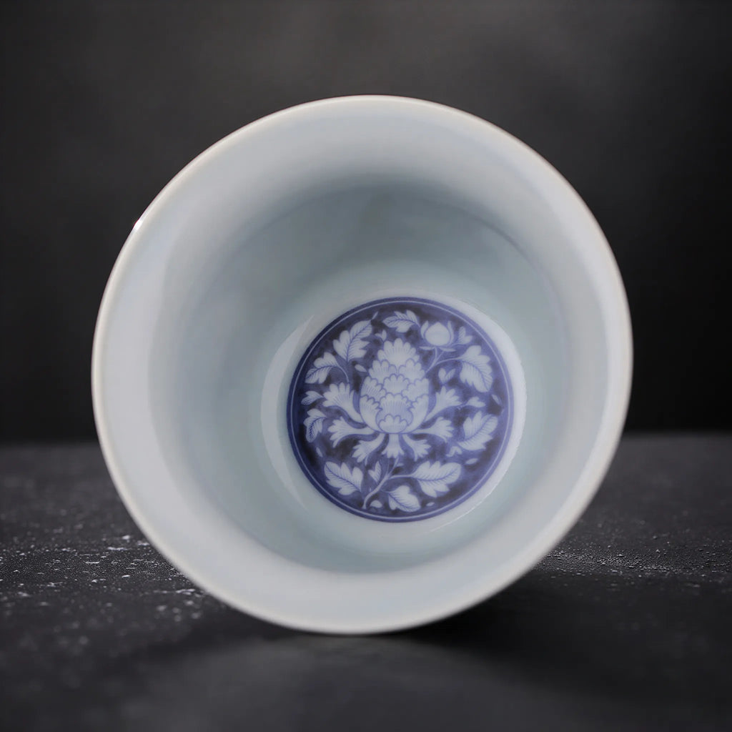 Interior peony detail in a Jingdezhen tasting cup