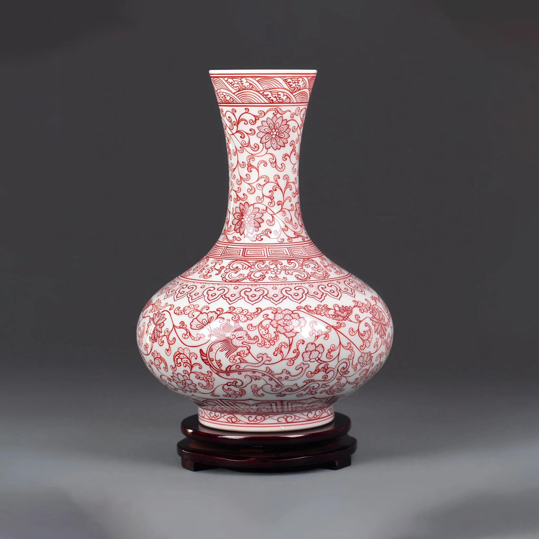 Front view of a Jingdezhen Qianlong-style underglaze red globular vase