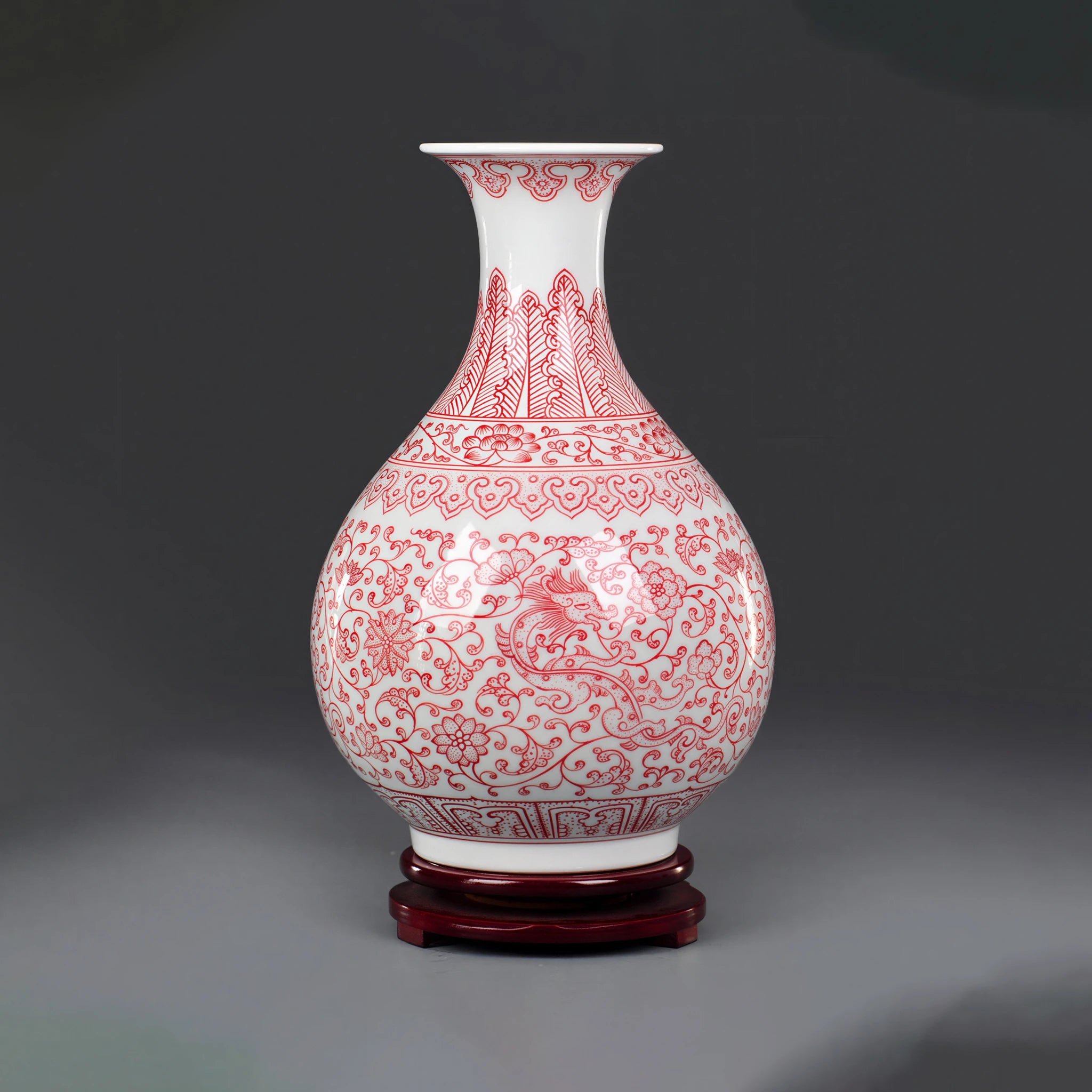 Front view of a Jingdezhen Qianlong-style underglaze red Yuhuchun vase