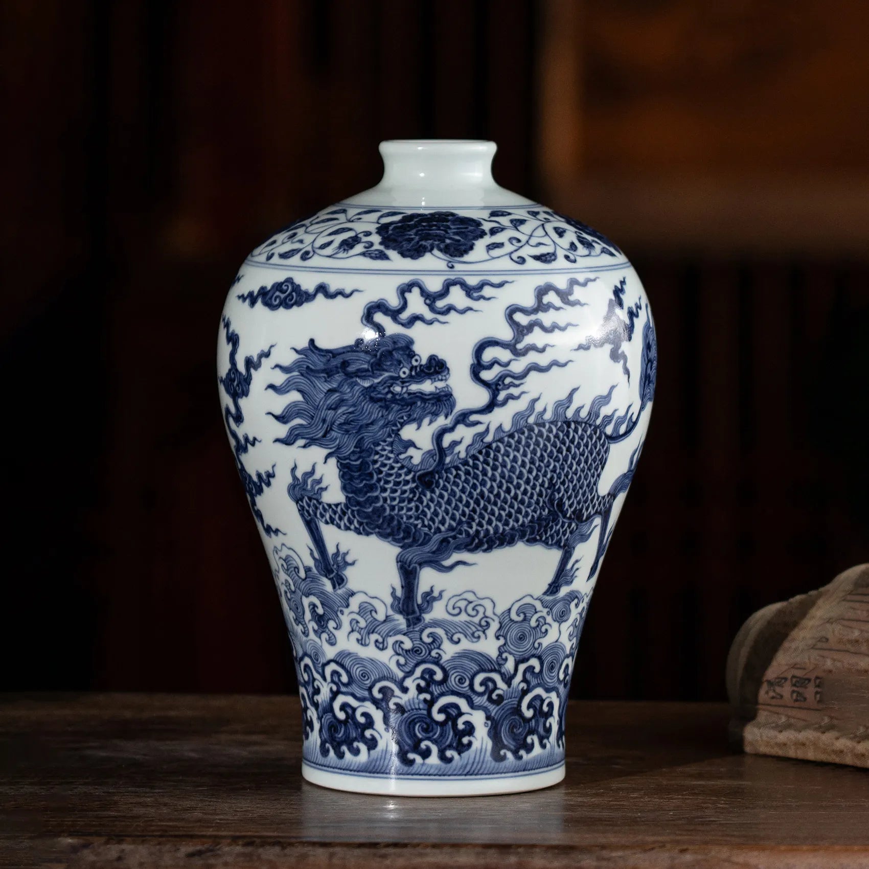 Front view of the Jingdezhen blue-and-white qilin and waves meiping