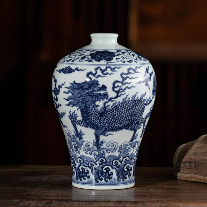 Jingdezhen Ming-Style Blue-and-White Qilin and Waves Meiping Vase