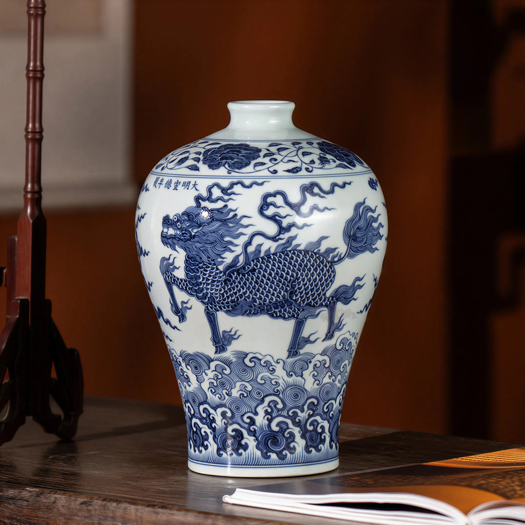 Qilin and waves meiping displayed in an interior