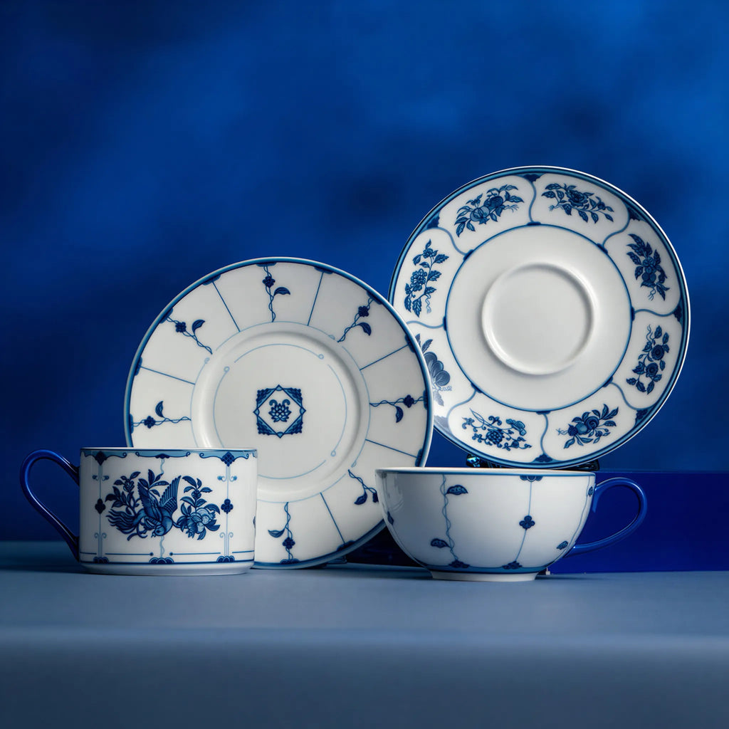 Jingdezhen porcelain coffee cup and saucer with cobalt ribbon bird