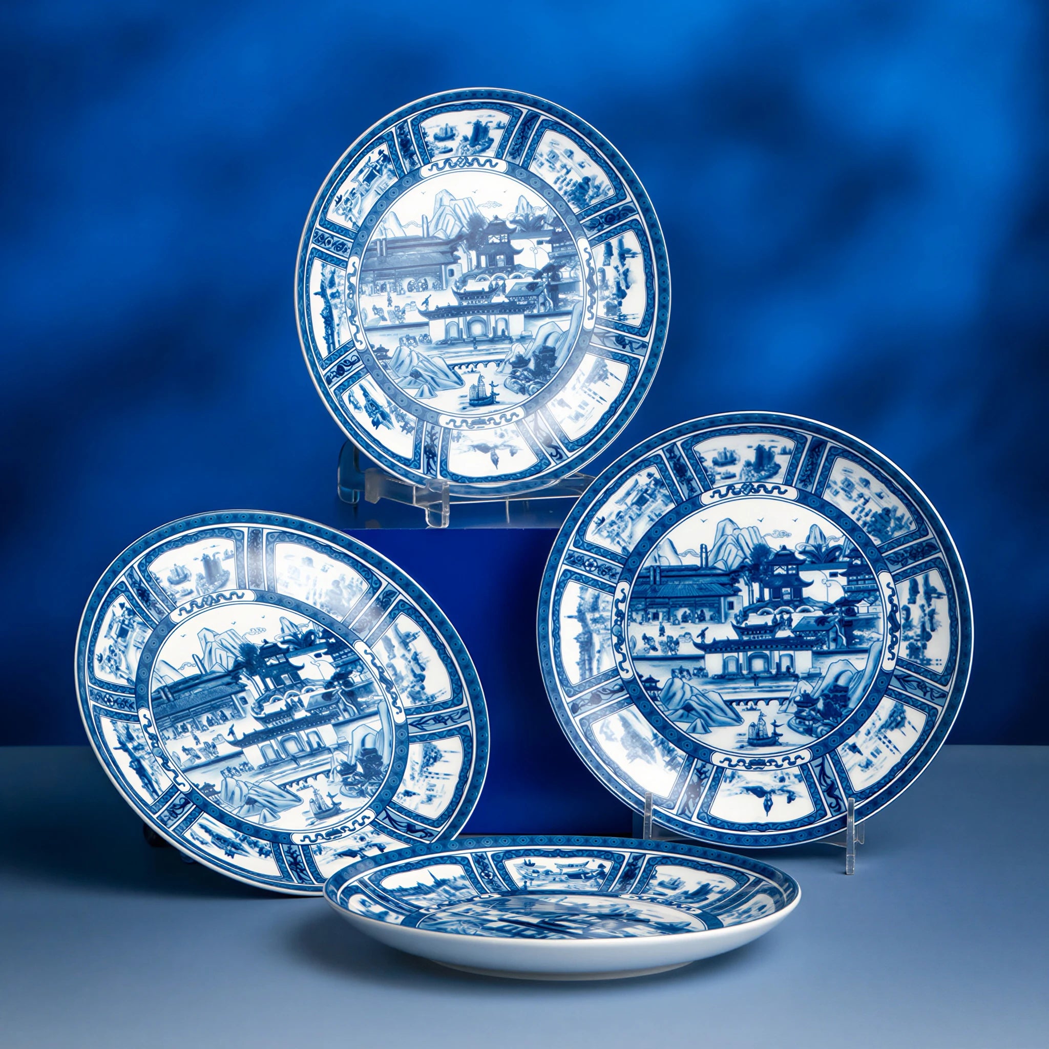 Three Silk Road porcelain plates displayed upright and flat against a blue backdrop.